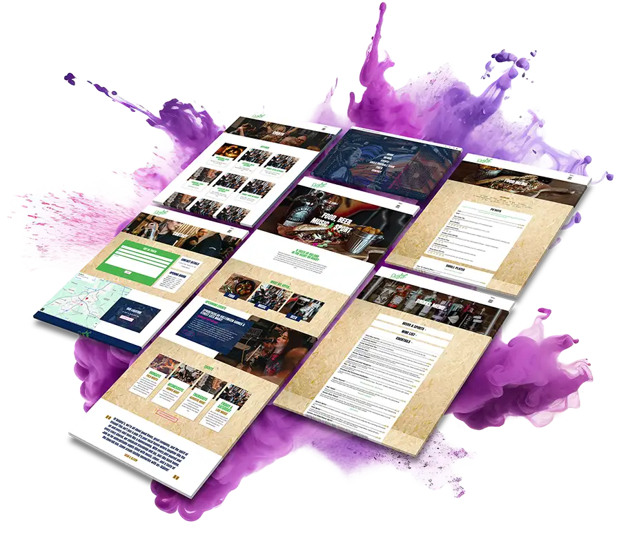 Mockup of Quigleys website pages on a purple splash