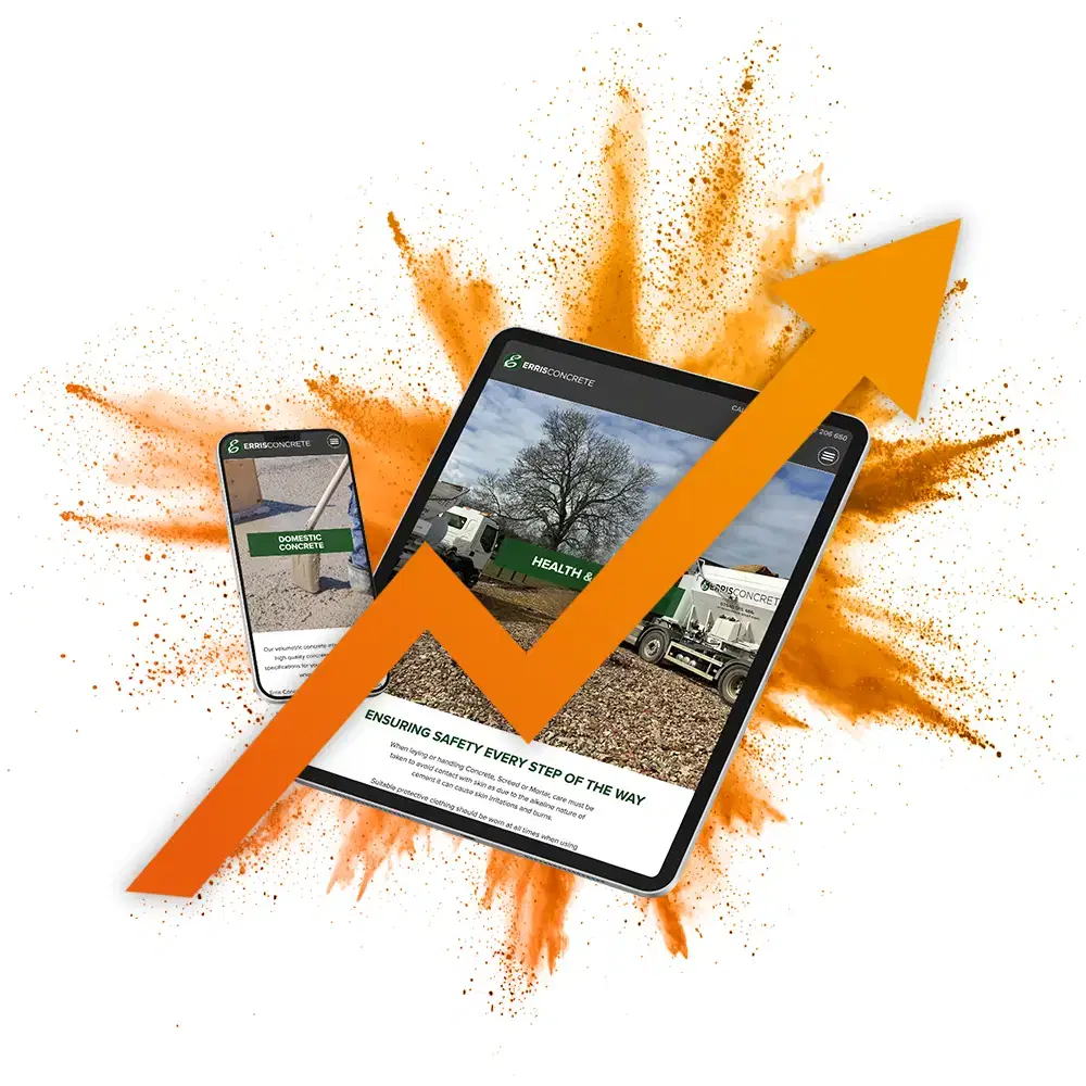 Erris concrete website visual with orange arrow