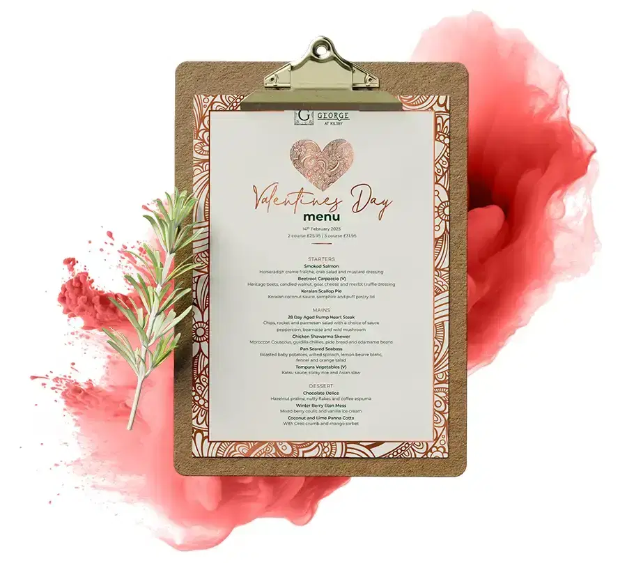 The George Valentines menu displayed on a clipboard