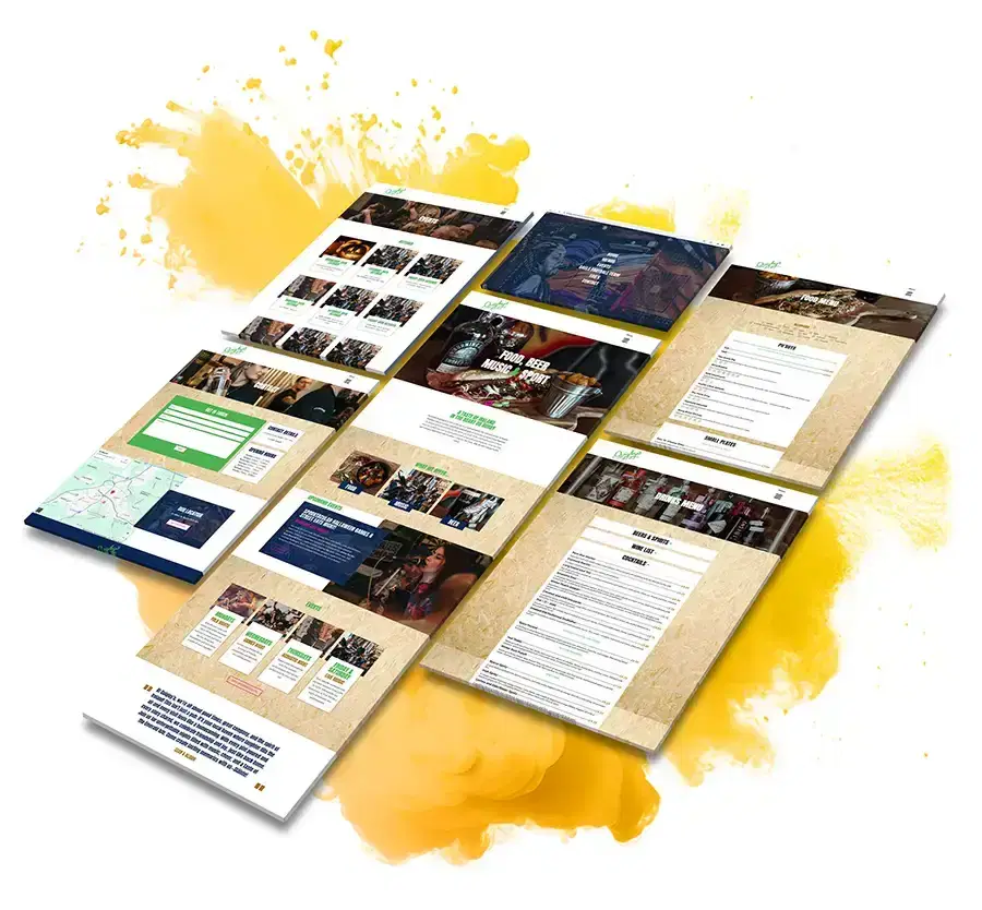 Pages of Quigley's bar website with an explosion of yellow smoke behind them