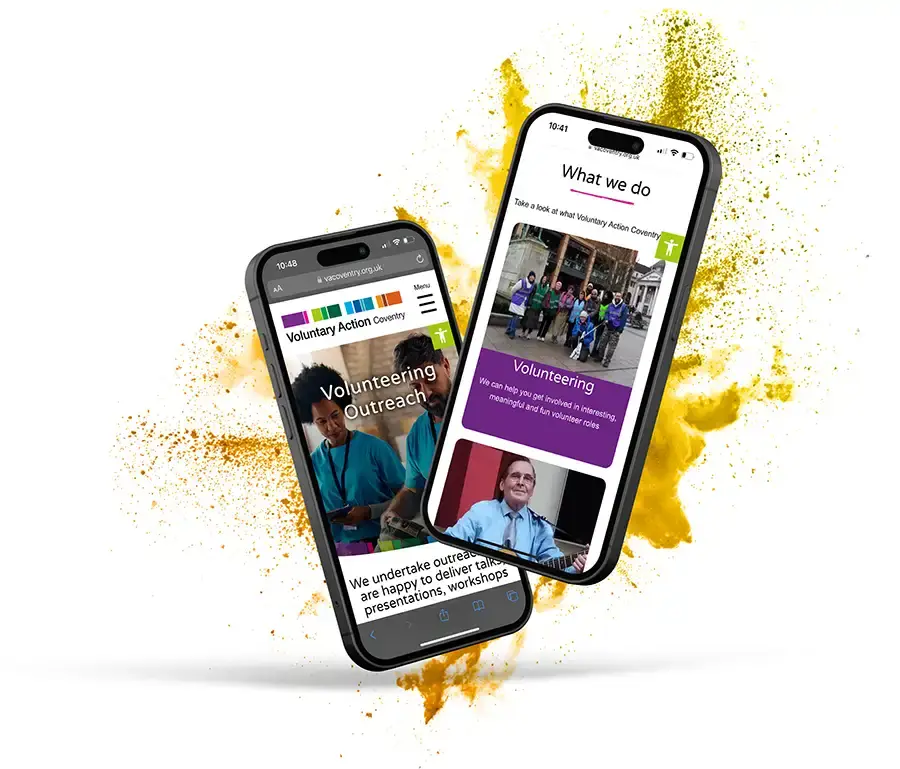 two phones displaying pages of Voluntary Action website with yellow splash behind
